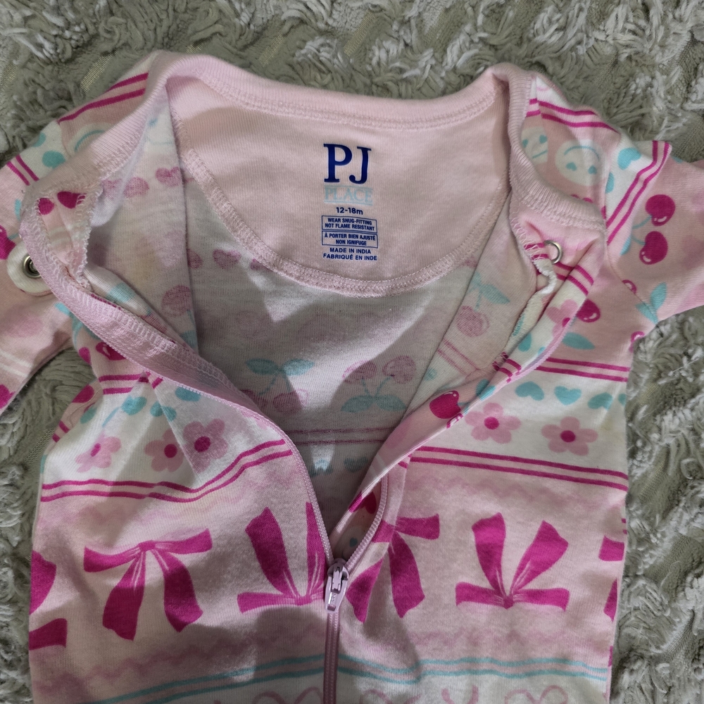 The Children's Place Pink and Teal Bow & Cherry Footed One-Piece - Picture 2 of 5